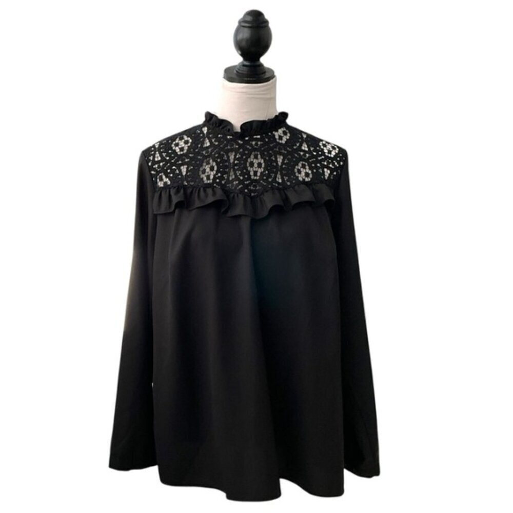 Eloquii Blouse Crochet Lace Long Sleeve Keyhole Round Neck Black Top Plus 16 - Picture 2 of 16
